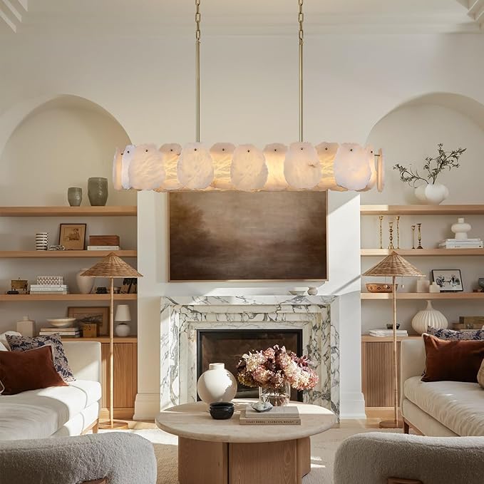 Rectangle Alabaster Chandelier, L43in Modern Spanish Marble Dining Room Chandelier Over Table, Adjustable Long Chandeliers for Living Room, Alabaster Chandeliers for Kitchen Island, Foyer, Entryway