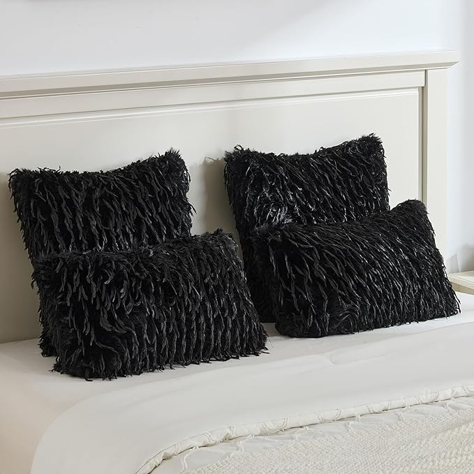 FUTEI Black Decorative Throw Pillow Covers 24x24 Inch Set of 2,Soft Fluffy Faux Feather Texture European Cushion Cases,Modern Home Luxury Decor for Couch Bed Living Room