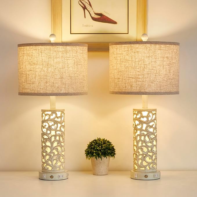 26" Farmhouse Table Lamp - 2 USB A+C 3-Way Dimmable Touch Lamps