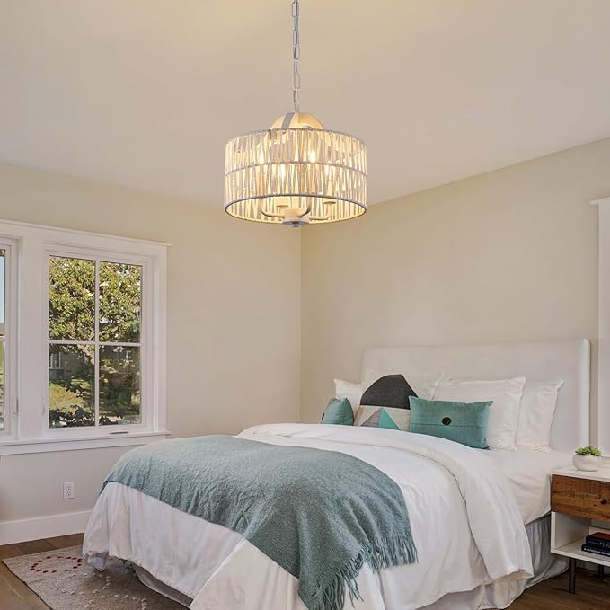 Rattan Chandelier for Dining Room, 4-Light Pendant Light Fixture with White Drum Shade, Adjustable Woven Wicker Flush Mount Ceiling Light, Modern Hanging Lighting for Kitchen Island Entryway