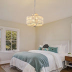 Rattan Chandelier for Dining Room, 4-Light Pendant Light Fixture with White Drum Shade, Adjustable Woven Wicker Flush Mount Ceiling Light, Modern Hanging Lighting for Kitchen Island Entryway