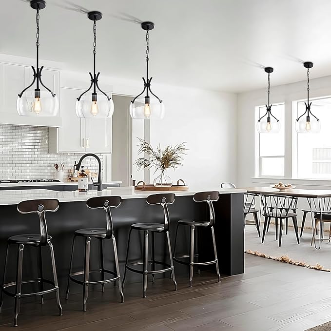 Glass Pendant Light Kitchen Island, 11.8" Industrial Hanging Light Fixture, Black Pendant Lighting with Glass Shade for Dining Room Kitchen Sink Hallway Entryway
