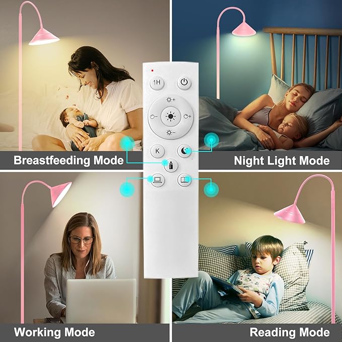 Floor Lamp, 18W Upgraded Bright LED Floor Lamps for Living Room Bedroom with Gooseneck Stepless Dimming & Color 76inch Tall Standing Lamp with Remote & Touch Control Work with Smart Plug (Pink)