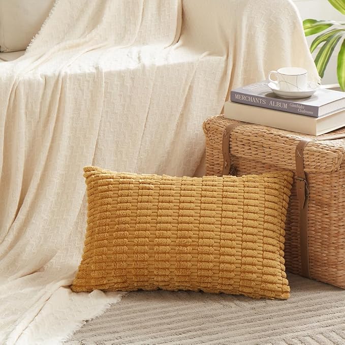 Fancy Homi Mustard Yellow Lumbar Decorative Throw Pillow Covers 12x20 Inch for Living Room Couch Bedroom, Soft Corduroy Rectangle Cushion Case 30x50 cm, Rustic Farmhouse Home Decor