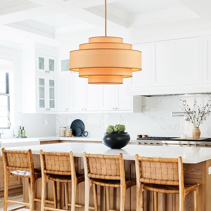 Farmhouse 26" Large Drum Rattan Chandelier 6-Lights Vintage Boho Rattan Chandelier Retro Vintage Bamboo Drum Chandeliers for Dining Room, Kitchen Island, Living Room, Bedroom