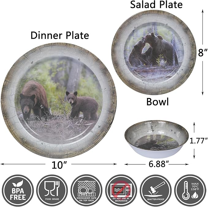 Melamine Dinnerware set for 4 - Dinner Plates Bowls Set 12 PCS Durable BPA Free Dishwasher Safe Shatter-Proof Chip Resistant for Indoor Outdoor,Bear
