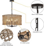 Hand-Woven Rattan Chandelier Vintage Farmhouse Boho Bamboo Chandeliers Light Fixture Rustic Retro 5-Lights Drum Wicker Rattan Black Chandelier for Dining Room, Kitchen, Living Room, E12