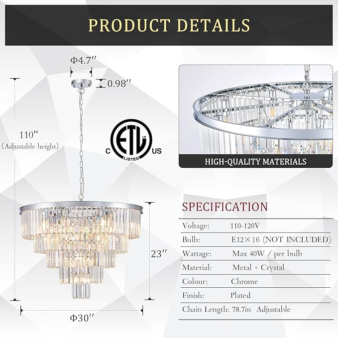 Large Crystal Chandeliers Modern Chrome 30” Chandelier for Foyer Staircase Luxury 5 Tiers 16 Lights K9 Ceiling Pendant Lighting Fixture for Living Room Dining Room Bedroom