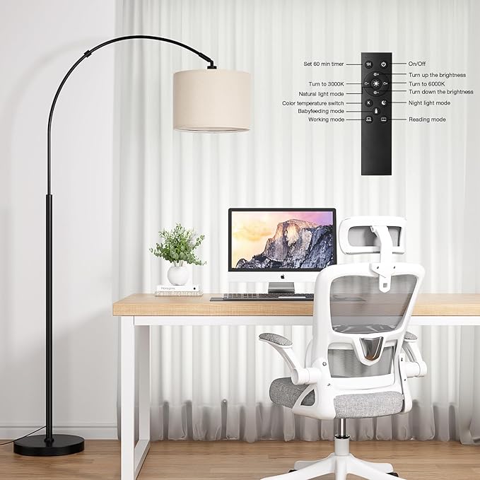 Ambimall 70' Dimmable Arc Floor Lamp with Remote, Color Temperatures and Brightness Adjustable, Arched Floor Lamp with Rotating Head, Over Couch Arched Light for Living Room (Deep Beige and Black)