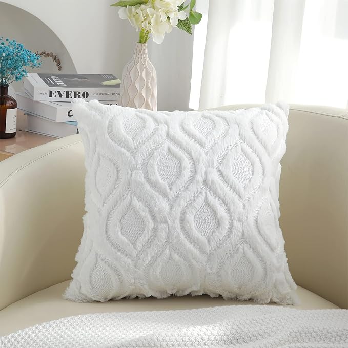 decorUhome Fall Throw Pillow Covers 24x24 Inch Set of 2, Soft Plush Decorative Faux Fur White Solid Couch Pillow Covers, Accent Farmhouse Neutral Square Euro Pillow Cases for Sofa Bed Living Room