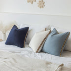 Decorative Neutral Linen Throw Pillow Covers 18x18 Inch Set of 2, Navy Blue Boho Farmhouse Pillow Covers with Braid Fringe for Sofa Bed Modern Couch Pillow Cases for Organic Home Decor
