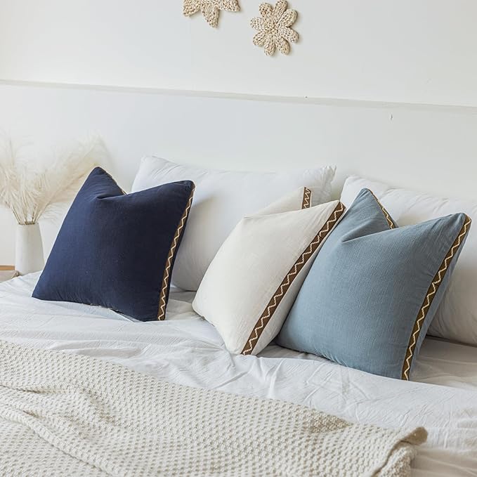 Decorative Neutral Linen Throw Pillow Covers 18x18 Inch Set of 2, Navy Blue Boho Farmhouse Pillow Covers with Braid Fringe for Sofa Bed Modern Couch Pillow Cases for Organic Home Decor