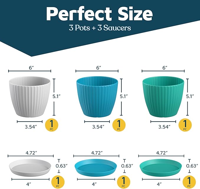Multicolor 6-Inch Plant Pots with Drainage & Saucers 3 Pack, Indoor & Outdoor Planters for Houseplants, Herbs, and Flowers, Durable & Weatherproof Material, Stackable, Lightweight, Minimalist Design