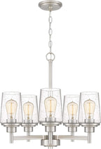 Jacob Modern 5-Light Chandelier Pendant Ceiling Light Brushed Nickle Seeded Glass Shade Adjustable Height for Hallway, Entryway, Passway, Dining, Bedroom, Kitchen