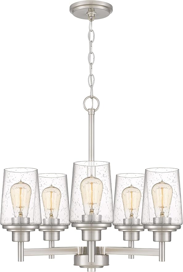 Jacob Modern 5-Light Chandelier Pendant Ceiling Light Brushed Nickle Seeded Glass Shade Adjustable Height for Hallway, Entryway, Passway, Dining, Bedroom, Kitchen