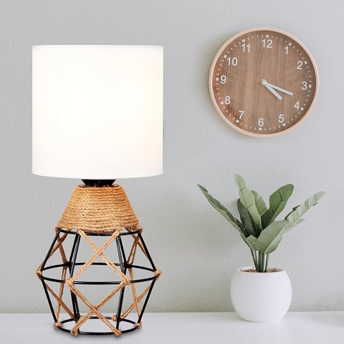 Hamilyeah Boho Lamp, Woven Table Lamp for Nightstand with On/Off Switch, Bedroom Lamp with White Fabric Shade, Simple Table Light for Bedside, Living Room