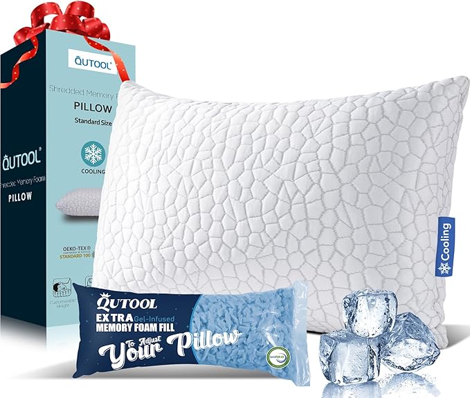 QUTOOL Cooling Pillows for Sleeping Shredded Memory Foam Pillows 1 Pack, Gel Bed Pillow for Hot Sleepers, Soft and Supportive, Adjustable Pillow for Side, Back Sleepers, Gifts for boyfriend, Women Men