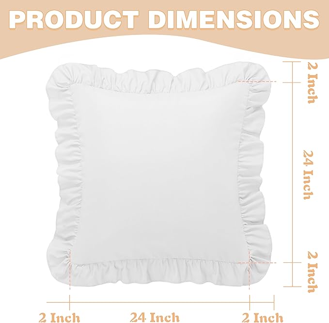 KKJIAF Ruffle Pillow Cases 24x24 Inches, White Square Ruffled Pillow Covers Set of 2, Microfiber Wrinkle Resistant Pillow Shams with Envelope Closure for Sofa Bed Living Room