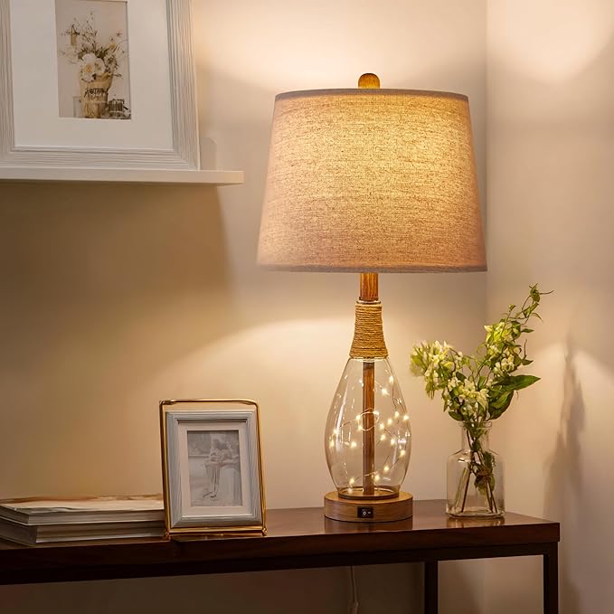 OYEARS 23" USB A+C Table Lamp for Bedroom Living Room Modern Bedside Lamps Retro Farmhouse Rattan Glass Nightstand Nightlight Lamps,Two Light Points