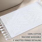 Savi Home Cotton Woven Jacquard Bathroom Rug, 17"x30" Non-Slip Bath Mat with Woven Fringe, 100% Cotton, Durable and Absorbent, White
