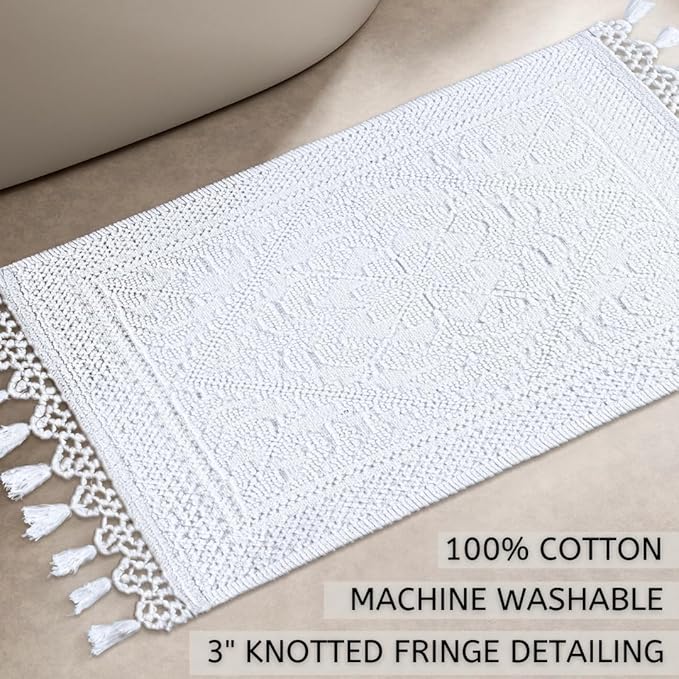 Savi Home Cotton Woven Jacquard Bathroom Rug Set of 2, Woven Fringe Bathroom Mats, 100% Cotton, Non - Slip Bath Mat, Durable Thick Bath Mat 17”x30”& 20"x38" with Fringes, White