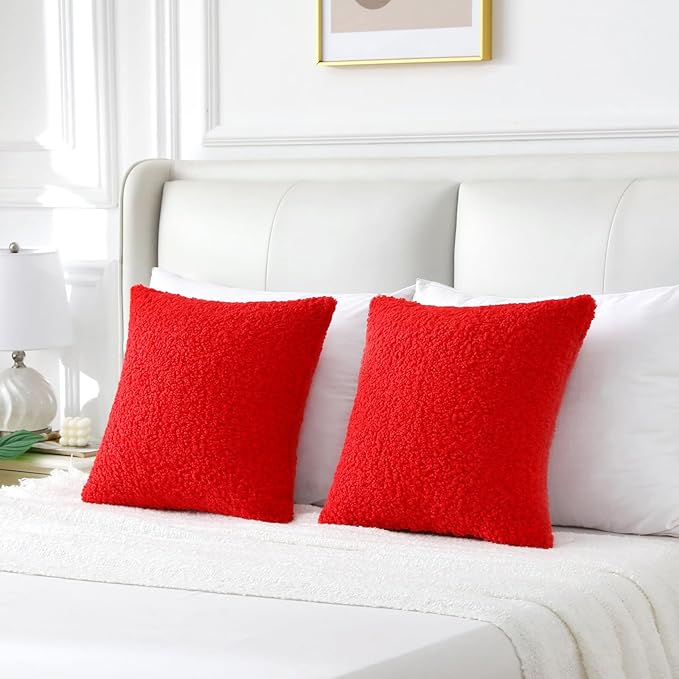 FUTEI Red Throw Pillow Covers 26x26 Inch Set of 2,Furry Faux Fur Teddy Boucle Textured Cushion Covers,Soft Fluffy Decorative Euro Pillow Shams,Home Decor for Couch Bed Living Room Office Car