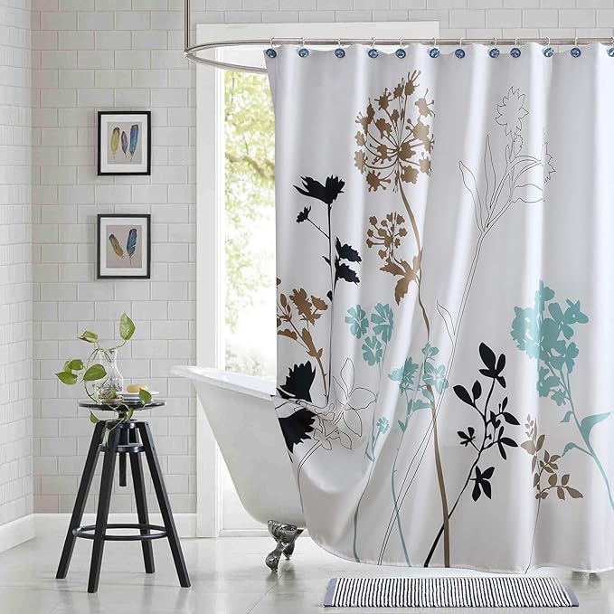 Fabric Floral Shower Curtain, Blue and White Shower Curtain, Teal and Brown Plant Shower Curtains for Bathroom, Modern Decorative Bathroom Curtains - 72" W x 72" H