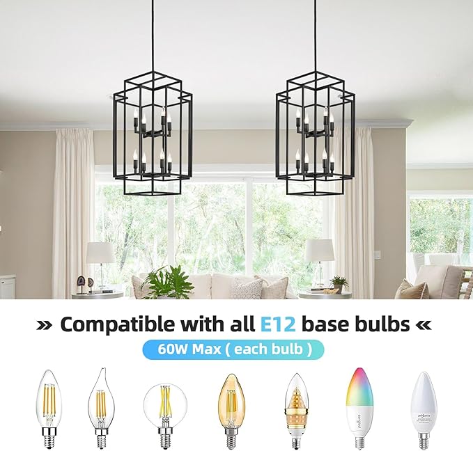 Black Farmhouse Modern Chandelier, 8-Light Tiered High Ceiling Chandeliers, Foyer Lighting Fixtures, Industrial Hanging Metal Lantern Pendant Light, for Livin Room,Entryway,Staircase,Hallway