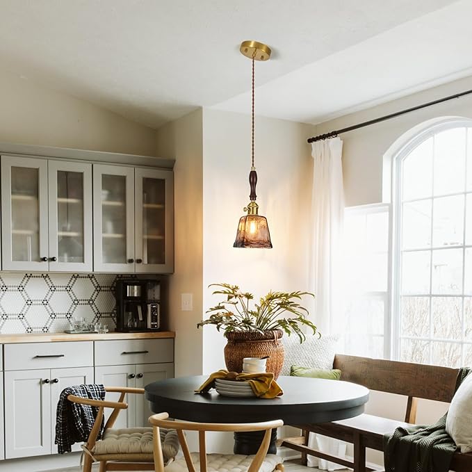 Amber Glass Vintage Pendant Light Height Adjustable Handmade Glass Pendant Lights Kitchen Island Gold Hanging Light Fixture with Wood Handle for Bedroom Dining Room Hotel (2Pack)