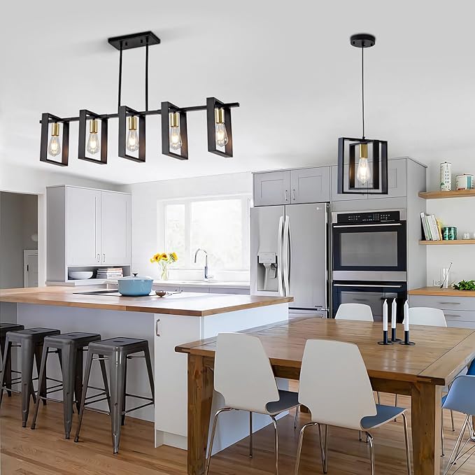 Farmhouse Kitchen Island Lighting Black Dining Room Lights Ceiling Hanging Rustic 5 Lights Wood Chandelier Light fixtures 41.3" Height Adjustable