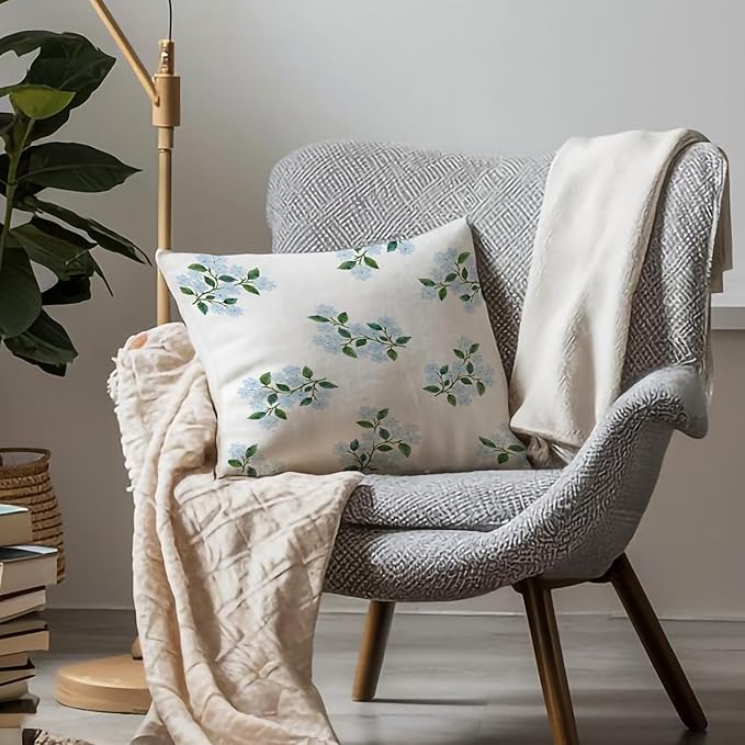 JINYO Rustic Blue Hydrangea Floral Pillow Covers 18x18, Blue Hydrangea Decor, Farmhouse Spring Flower Grandmillenial Pillow Covers for Home Bedroom Living Room, Cottagecore Room Decor