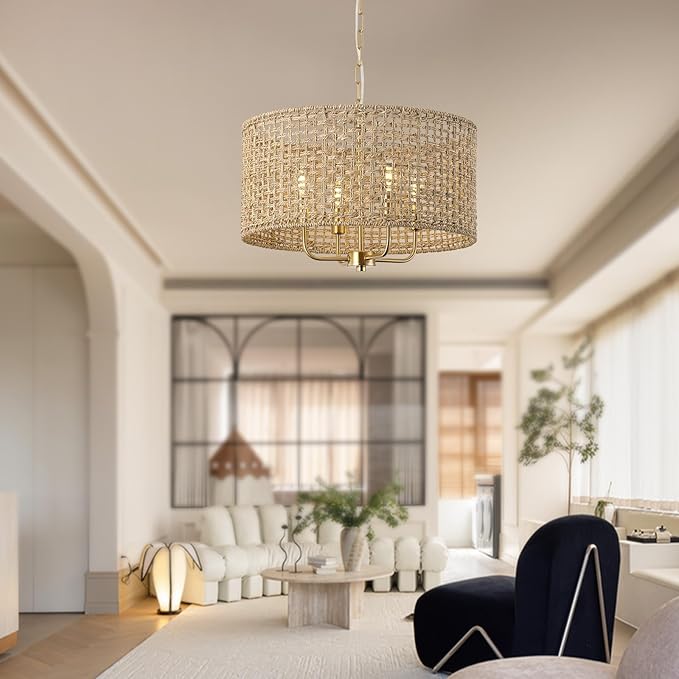 Rattan Drum Chandeliers for Dining Room, 4-Light Bohemian Hand-Woven Farmhouse Pendant Light Dining Room Light Fixture Chandelier for Entryway Living Room Kitchen Stairway Bedroom Hallway(Gold)