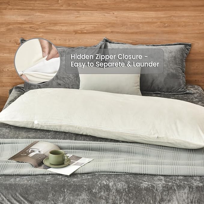 PHF Super Soft Velvet Zippered Body Pillowcase, No Insert, 1 Pack Luxury Cozy Warm Pillow Sham Cover with Zipper, 20"X 54" Long Cozy Fuzzy Flannel Pillow Case, Cream