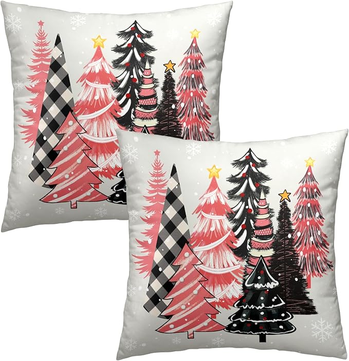 Christmas Tree Throw Pillow Covers 16x16 Inch, 2 Pcs Pink Plaid Xmas Pine Trees Farmhouse Decorative Pillow Cases Cushion Cover for Bed Sofa Couch Porch Outdoor Home Decor