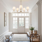 Farmhouse Chandelier, Gold Modern Dining Room Light Fixture with White Fabric Shade, 5-Light Height Adjustable Industrial Pendant Island Light Fixture for Foyer Entryway Hallway Kitchen Bedroom