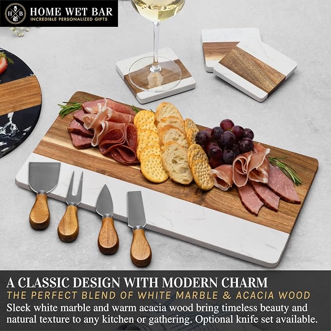 HomeWetBar Personalized Acacia Charcuterie Board With cheese Knives | Custom 16" x 9" White Marble & Acacia Wood Cheese Board | Perfect Housewarming + Wedding + Couples Gift Idea