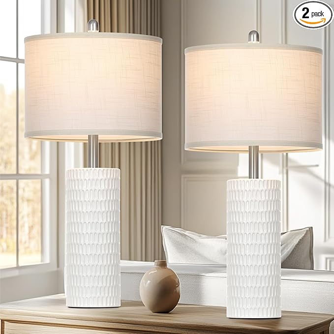 27" Ceramic Table Lamp, Farmhouse Table Lamp for Living Room, White Lamp for Bedroom, Night Stand, Modern Bedside Lamp Set of 2, End Table Lamps, White(2 Bulbs Included)