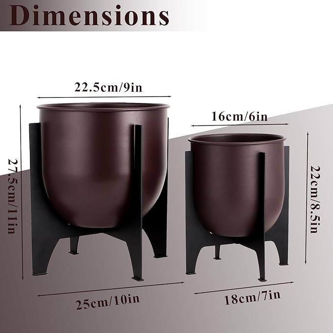 TRIROCKS Set of 2 Planters with Stand Indoor Outdoor Metal Plant Stand 11 &8.5" H Modern Planters Flower Pots for Living Room Corner Kitchen Office Garden Balcony Patio Decor