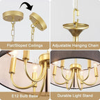 Gold Drum Chandeliers for Dining Room, 6-Light Black Farmhouse Chandelier Linen Light Fixture, 18'' Brass Round Chandelier Hanging Pendant Light for Bedroom Living Room Kitchen Foyer