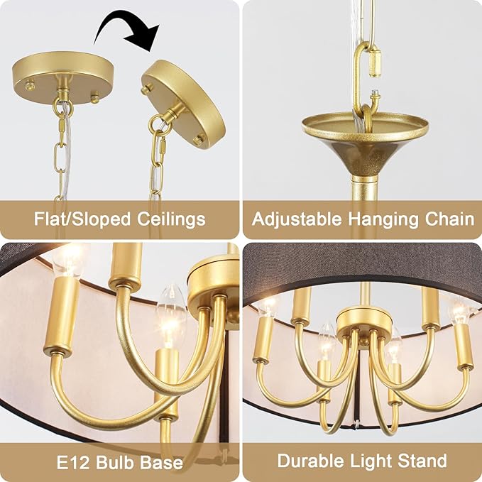 Gold Drum Chandeliers for Dining Room, 6-Light Black Farmhouse Chandelier Linen Light Fixture, 18'' Brass Round Chandelier Hanging Pendant Light for Bedroom Living Room Kitchen Foyer