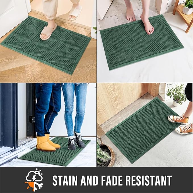 Sturdy Front Door Mat, Absorbent Muddy Dirt Resist Welcome Door Mats Outdoor Indoor, Stain and Fade Resistant, Non-Slip Rubber Backing Low Profile Doormat for Entryway, 30×17, Green