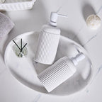 2Pcs White Natural Travertine Textures Hand Soap Dispenser Set, Small Bathroom Countertop Resin Liquid Soap Dispensers, Kitchen Dish Wash Soap Dispensers,Refillable Dispenser with Vertical Stripe