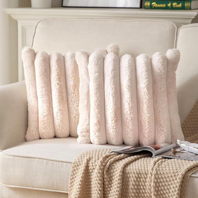 Faux Fur Plush Throw Pillow Covers 22x22 Inch Set of 2 - Luxury Decorative Fuzzy Striped Soft Cozy Pillowcase for Couch, Sofa, Living Room - Beige