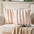 Faux Fur Plush Throw Pillow Covers 24x24 Inch Set of 2 - Luxury Decorative Fuzzy Striped Soft Cozy Pillowcase for Couch, Sofa, Living Room - Beige