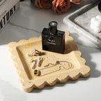 Travertine Scalloped Marble Tray, 7.8in Marble Vanity Tray, Premium Square Jewelry Dish for Perfume Earrings Keys Necklaces, Golden Decorative Tray for Bathroom, Unique Stone Dish, Decor Gift