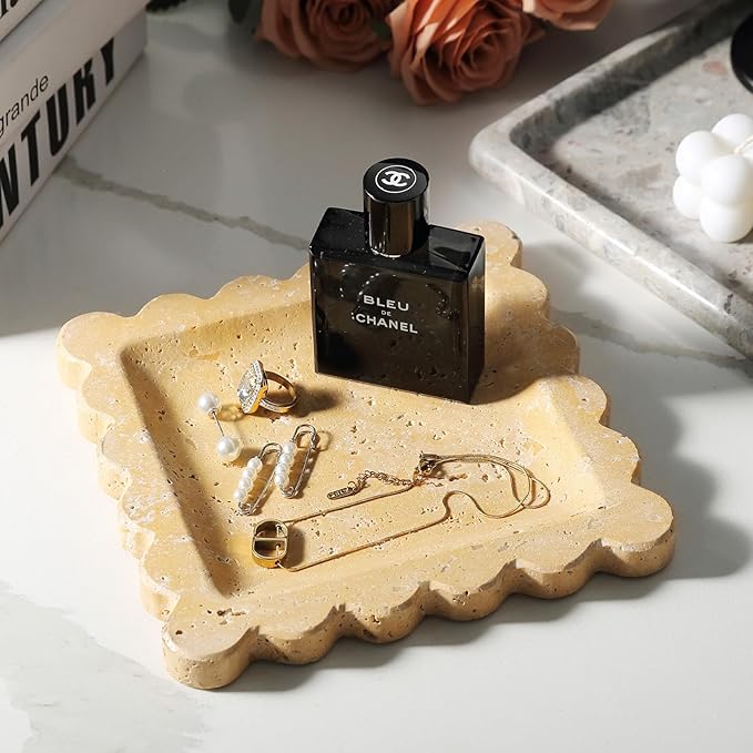 Travertine Scalloped Marble Tray, 7.8in Marble Vanity Tray, Premium Square Jewelry Dish for Perfume Earrings Keys Necklaces, Golden Decorative Tray for Bathroom, Unique Stone Dish, Decor Gift
