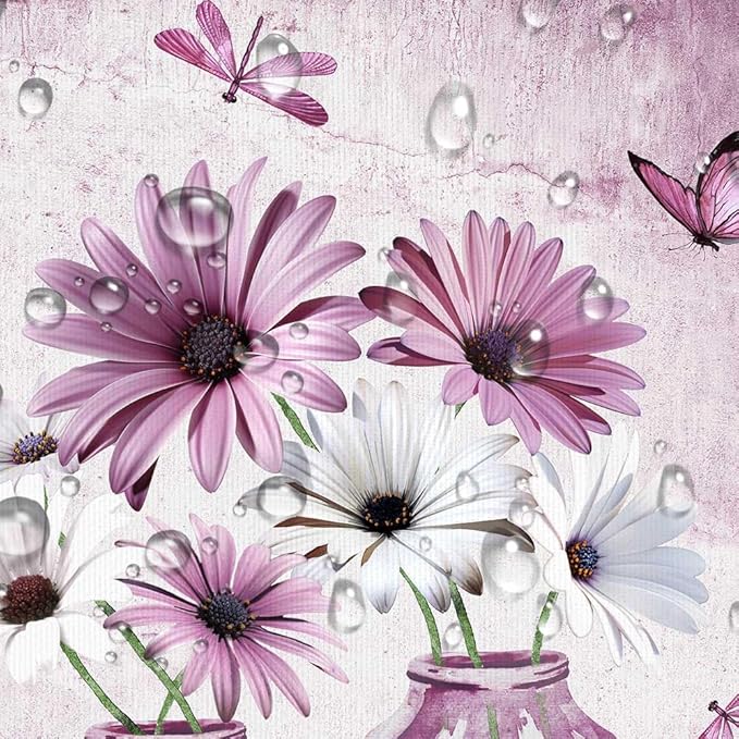 Rustic Farmhouse Pink Floral Shower Curtain, Light Blue Daisy Flowers Butterfly Dragonfly on Abstract Aesthetic Country Wooden Boho Shower Curtain Set, White Bathroom Accessory Sets with Hooks, 70X75