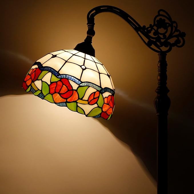 Tiffany Floor Lamp Stained Glass Rose Flower Style Arched Reading Light Gooseneck Adjustable Corner Standing Lamp 12X16X66 Inch for Bedroom Living Room Home Office