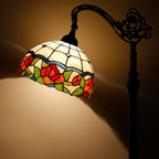 Tiffany Floor Lamp Stained Glass Rose Flower Style Arched Reading Light Gooseneck Adjustable Corner Standing Lamp 12X16X66 Inch for Bedroom Living Room Home Office
