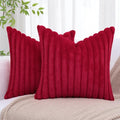 decorUhome Faux Fur Christmas Throw Pillow Covers 20x20 Set of 2, Decorative Soft Plush Striped Neutral Couch Euro Pillow Covers with Velvet Back for Sofa, Bed, Living Room Home Decor, Red